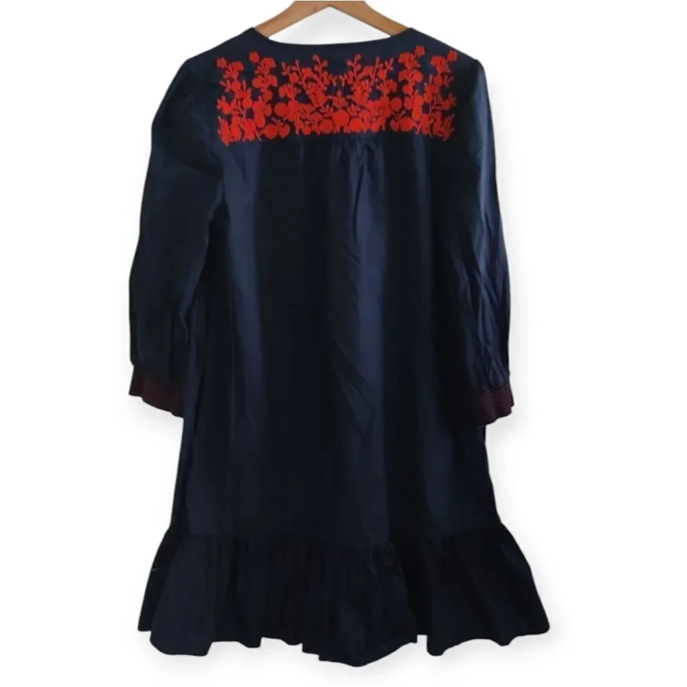 J. Crew Dark Blue Dress with Bright Red Embroidery Size S